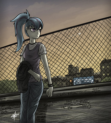 Size: 1280x1418 | Tagged: safe, artist:slawomiro, sonata dusk, equestria girls, g4, city, female, fence, humanized, solo