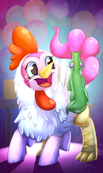 Size: 600x1000 | Tagged: safe, artist:blindcoyote, gummy, pinkie pie, g4, animal costume, chicken pie, chicken suit, clothes, costume