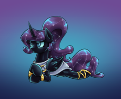 Size: 1280x1047 | Tagged: safe, artist:lovelyneckbeard, nightmare moon, alicorn, pony, g4, clothes, female, gradient background, mare, prone, solo