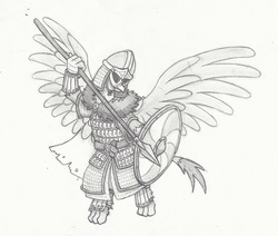 Size: 800x678 | Tagged: safe, artist:sensko, griffon, armor, flying, grayscale, helmet, monochrome, pencil drawing, shield, simple background, sketch, solo, spear, traditional art, viking, viking helmet, weapon, white background