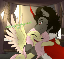 Size: 900x833 | Tagged: safe, artist:evehly, fluttershy, king sombra, pegasus, pony, unicorn, g4, bedroom, bipedal, colored wings, colored wingtips, cute, eyes closed, female, fluffy, hug, male, mare, scar, ship:sombrashy, shipping, shyabetes, smiling, spread wings, stallion, straight, unshorn fetlocks
