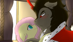 Size: 1280x740 | Tagged: safe, artist:evehly, fluttershy, king sombra, pegasus, pony, unicorn, g4, bedroom, blushing, cape, clothes, eye contact, female, floppy ears, fluffy, frown, glare, male, mare, scar, ship:sombrashy, shipping, smiling, stallion, straight