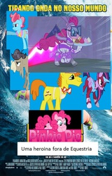 Size: 577x900 | Tagged: safe, carrot cake, cranky doodle donkey, cup cake, fili-second, pinkie pie, twilight sparkle, donkey, g4, 1000 hours in ms paint, masked matter-horn costume, movie spoof, ms paint, portuguese, power ponies, sponge out of water, spongebob squarepants
