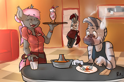 Size: 3000x2000 | Tagged: safe, artist:bluecoffeedog, oc, oc only, oc:chili pepper, oc:shake away, oc:zemba, bat pony, zebra, anthro, unguligrade anthro, anthro oc, apron, blushing, chef, clothes, eyes closed, food, fork, grin, high res, milk, milkshake, open mouth, restaurant, scrunchy face, shakepepper, smiling, spicy, straw, table, volcano, waitress, wavy mouth