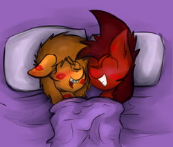 Size: 1729x1475 | Tagged: safe, artist:marsminer, oc, oc only, oc:mars miner, oc:venus spring, bed, blanket, blushing, cuddling, cute, eyes closed, female, floppy ears, grin, kiss mark, kisses, male, marspring, open mouth, shipping, smiling, snuggling, straight, venus spring actually having a pretty good time