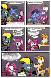 Size: 1265x1920 | Tagged: safe, artist:joeywaggoner, pinkie pie, oc, oc:notebook, oc:show off, oc:spotlight, the clone that got away, g4, too many pinkie pies, clothes, comic, diane, poggers, skirt