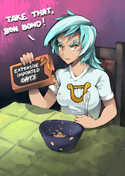 Size: 1000x1414 | Tagged: safe, artist:ponythehorsey, lyra heartstrings, human, g4, slice of life (episode), bon bond, dialogue, expensive imported oats, female, food, humanized, implied bon bon, l.u.l.s., lyra is not amused, oats, pure unfiltered evil, revenge, solo