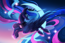 Size: 1200x800 | Tagged: safe, artist:tsaoshin, princess luna, alicorn, pony, g4, color porn, crescent moon, crown, ethereal mane, eyelashes, female, flying, hoof shoes, horn, jewelry, long mane, long tail, looking back, majestic, moon, regalia, signature, smiling, solo, sparkles, stars, unshorn fetlocks, wallpaper, wings