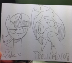 Size: 1024x897 | Tagged: safe, artist:andypriceart, applejack, twilight sparkle, alicorn, pony, g4, female, mare, monochrome, traditional art, twilight sparkle (alicorn), you mad?
