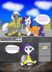 Size: 1918x2637 | Tagged: safe, artist:spellboundcanvas, derpy hooves, rarity, pegasus, pony, g4, ball and chain, clothes, female, flirting, horn, horn cap, magic suppression, mare, prison, prison outfit, punishment, royal guard, shackles