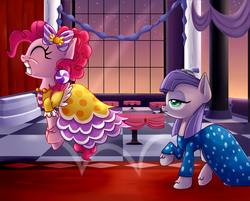 Size: 3000x2409 | Tagged: safe, artist:discorded, maud pie, pinkie pie, g4, make new friends but keep discord, season 5, clothes, dress, duo, duo female, female, gala, gala dress, happy, high res, mare, pronking