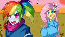 Size: 2100x1200 | Tagged: safe, artist:noisyvox, fluttershy, rainbow dash, equestria girls, g4, female, humanized, lesbian, samurai, ship:flutterdash, shipping