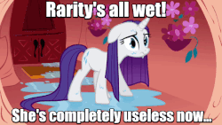 Size: 640x360 | Tagged: safe, edit, edited screencap, screencap, rarity, pony, unicorn, g4, look before you sleep, animated, beauty and the beast, blinking, female, gif, golden oaks library, image macro, insane troll logic, into the trash it goes, mare, meme, phelous, puddle, reference, shivering, solo, text, wet, wet mane, wet mane rarity