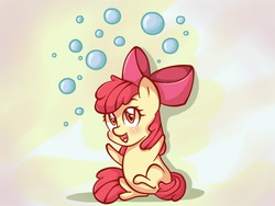 Size: 800x600 | Tagged: safe, artist:von-seay, apple bloom, earth pony, pony, g4, adorabloom, blank flank, bubble, chibi, cute, female, filly, open mouth, solo