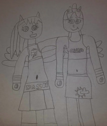 Size: 524x614 | Tagged: safe, artist:shafty817, cloud kicker, rainbow dash, equestria girls, g4, my little pony equestria girls: friendship games, belly button, clothes, exeron fighters, midriff, ponied up, pony ears, skirt, sports bra, traditional art