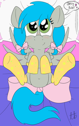 Size: 1129x1793 | Tagged: safe, artist:laptopbrony, oc, oc only, oc:darcy sinclair, pegasus, pony, bed, belly button, bellyrubs, blushing, clothes, cute, female, hair bow, socks, solo, tail bow
