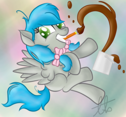 Size: 900x836 | Tagged: safe, artist:laptopbrony, oc, oc only, oc:darcy sinclair, pegasus, pony, cute, female, hair bow, paint, paintbrush