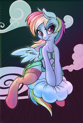 Size: 680x1000 | Tagged: safe, artist:dfectivedvice, artist:firebird145, rainbow dash, pegasus, pony, semi-anthro, g4, arm hooves, clothes, female, lingerie, mare, panties, sexy, socks, solo, stockings, thigh highs, underwear