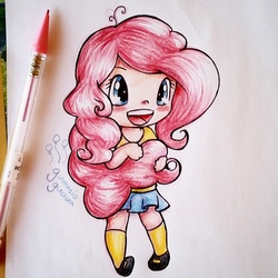 Size: 1465x1465 | Tagged: safe, artist:gummigator, pinkie pie, human, g4, ahoge, blushing, chibi, clothes, colored pencil drawing, female, humanized, kneesocks, light skin, open mouth, open smile, pleated skirt, skirt, smiling, socks, solo, traditional art