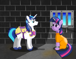 Size: 2160x1669 | Tagged: safe, artist:spellboundcanvas, shining armor, twilight sparkle, g4, clothes, cuffs, duo, frown, glare, horn, horn cap, jail, jumpsuit, magic suppression, prison, prison outfit, prisoner ts, sad, sitting