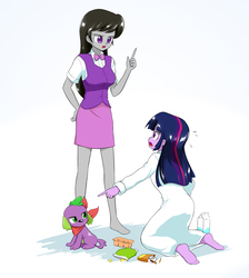 Size: 1700x1900 | Tagged: safe, artist:twilite-sparkleplz, octavia melody, spike, twilight sparkle, alicorn, dog, equestria girls, g4, barefoot, caught, clothes, context is for the weak, feet, hakase, imminent spanking, milk, nichijou, pocky, potato chips, sakamoto, scolding, skirt, snack, spike the dog, twilight sparkle (alicorn)