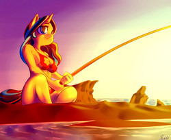 Size: 1400x1145 | Tagged: safe, artist:skecchiart, oc, oc only, oc:astral spectrum, anthro, anthro oc, bikini, clothes, fishing, misleading thumbnail, solo, sunset, swimsuit