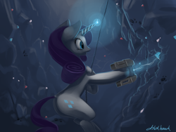 Size: 1024x768 | Tagged: safe, artist:chickhawk96, rarity, pony, unicorn, cave, dock, female, gem, glowing horn, magic, mare, matter manipulator, open mouth, plot, rappelling, rope, smiling, solo, starbound
