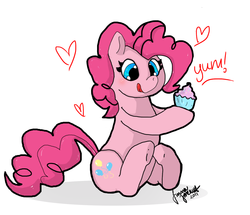 Size: 1478x1269 | Tagged: safe, artist:jigsaw91, pinkie pie, earth pony, pony, g4, cupcake, dialogue, female, heart, licking, licking lips, mare, signature, simple background, sitting, solo, tongue out, white background, yum