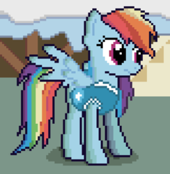Size: 810x830 | Tagged: safe, artist:rainbowkek, rainbow dash, pegasus, pony, g4, winter wrap up, clothes, female, mare, pixel art, solo, spread wings, vest, weather team, wings, winter wrap up vest