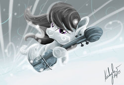 Size: 800x546 | Tagged: safe, artist:zene, octavia melody, windigo, g4, cello, female, flying, glare, hoof hold, incorporeal, lidded eyes, looking at you, musical instrument, smiling, smirk, snow, solo, species swap, wind, windigofied