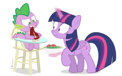 Size: 1000x625 | Tagged: safe, artist:dm29, spike, twilight sparkle, alicorn, pony, g4, carnivore, chair, dragons doing dragon things, duo, female, herbivore, herbivore vs carnivore, herbivore vs omnivore, highchair, mare, meat, salad, simple background, spike don't care about meat, steak, transparent background, twilight sparkle (alicorn)