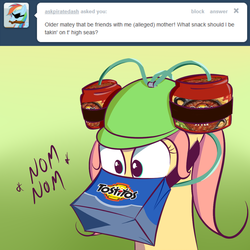 Size: 1000x1000 | Tagged: safe, artist:squiby-327, posey, ask posey, g1, ask, feed bag, female, horses doing horse things, salsa, solo, tortilla chips, tumblr