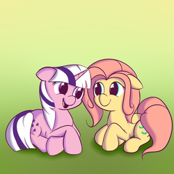 Size: 1000x1000 | Tagged: safe, artist:squiby-327, posey, twilight, earth pony, pony, unicorn, ask posey, g1, ask, duo, female, floppy ears, gradient background, looking at each other, mare, prone, smiling, tumblr
