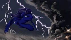 Size: 1920x1080 | Tagged: safe, artist:torifeather, oc, oc only, pegasus, pony, flying, lightning, thunder