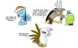 Size: 1920x1200 | Tagged: safe, artist:vanillafox2035, discord, gilda, rainbow dash, smooze, draconequus, griffon, pegasus, pony, g4, make new friends but keep discord, read it and weep, the lost treasure of griffonstone, blatant lies, denial's not just a river in egypt, dialogue, disdere, female, gildere, male, mare, tsunderainbow, tsundere