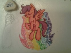 Size: 1024x768 | Tagged: safe, artist:colouredteapot, scootaloo, g4, eyes closed, female, rainbow, solo, traditional art
