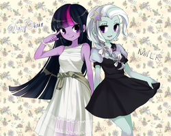 Size: 1255x1000 | Tagged: safe, artist:weiliy, trixie, twilight sparkle, equestria girls, g4, alternate hairstyle, blushing, clothes, dress, duo, female, open mouth, smiling, twilight sparkle (alicorn)