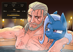 Size: 1600x1150 | Tagged: safe, artist:equestria-prevails, trixie, human, pony, unicorn, g4, annoyed, bath, beard, chest hair, crossover, eye contact, eye scar, female, frown, geralt of rivia, glare, hot tub, implied interspecies, implied prostitution, implied sex, lidded eyes, looking at each other, male, male nipples, mare, negotiating, nipples, nudity, roach, scar, smirk, straight, the witcher, the witcher 3, unamused, water, wet, wet mane