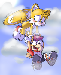 Size: 579x713 | Tagged: dead source, safe, artist:atomiclance, scootaloo, anthro, barely pony related, blushing, cloud, cloudy, crossover, flying, happy, holding hands, miles "tails" prower, sonic the hedgehog (series), sonicified