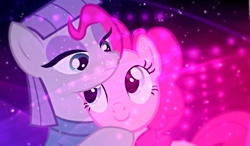 Size: 1280x750 | Tagged: safe, artist:chevistian, artist:dablackphoenix, maud pie, pinkie pie, earth pony, pony, g4, desktop background, duo, duo female, female, looking at each other, looking at someone, mare, sisters, smiling, snuggling, vector, wallpaper