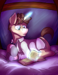 Size: 1544x2015 | Tagged: safe, artist:dripponi, artist:lattynskit, oc, oc only, oc:tic, pony, unicorn, bed, book, reading