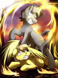 Size: 1100x1460 | Tagged: safe, artist:dripponi, artist:lattynskit, oc, oc only, oc:cyther, oc:fis, pegasus, pony, unicorn, blood, fire, male, stallion