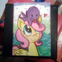 Size: 604x604 | Tagged: safe, artist:colouredteapot, fluttershy, zergling, g4, :p, carbot, crossover, female, heart, postcard, solo, starcraft 2, starcrafts, traditional art