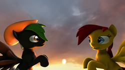 Size: 1920x1080 | Tagged: safe, artist:mariofan48, oc, oc only, oc:moonlit ace, oc:thunder strike, pegasus, pony, 3d, small ass sunset, source filmmaker, spread wings, sunset, wings