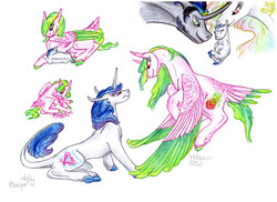 Size: 6876x5000 | Tagged: source needed, safe, artist:dawn22eagle, king sombra, princess celestia, oc, oc:hibiscus petal, oc:lily bouquet, alicorn, classical unicorn, pegasus, pony, unicorn, g4, absurd resolution, good king sombra, horn, leonine tail, mirror universe, next generation, tail feathers