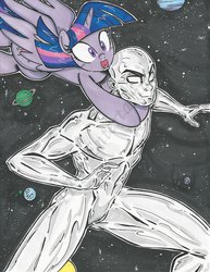 Size: 1024x1325 | Tagged: safe, artist:ponygoddess, twilight sparkle, alicorn, pony, g4, crossover, female, mare, marvel, norin rad, silver surfer, space, traditional art, twilight sparkle (alicorn)