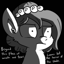 Size: 720x720 | Tagged: safe, artist:tjpones, oc, oc only, oc:brownie bun, earth pony, pony, horse wife, black and white, bust, cropped, dialogue, ear fluff, female, grayscale, invictus, mare, monochrome, single panel, solo, william ernest henley