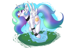 Size: 1024x683 | Tagged: safe, artist:vincher, princess celestia, pony, g4, arm band, collar, cute, cutelestia, derp, ear piercing, female, piercing, puddle, punk, sillestia, silly, silly pony, simple background, solo, splashing, spread wings, wristband