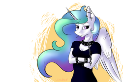 Size: 3000x2000 | Tagged: safe, artist:vincher, princess celestia, anthro, g4, clothes, collar, crossed arms, ear piercing, female, helix piercing, high res, looking at you, piercing, punk, simple background, solo