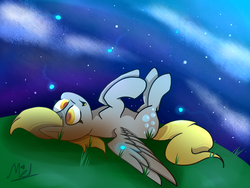 Size: 1280x960 | Tagged: safe, artist:myralilth, derpy hooves, pegasus, pony, g4, female, lying down, mare, night, on back, smiling, solo, spread wings